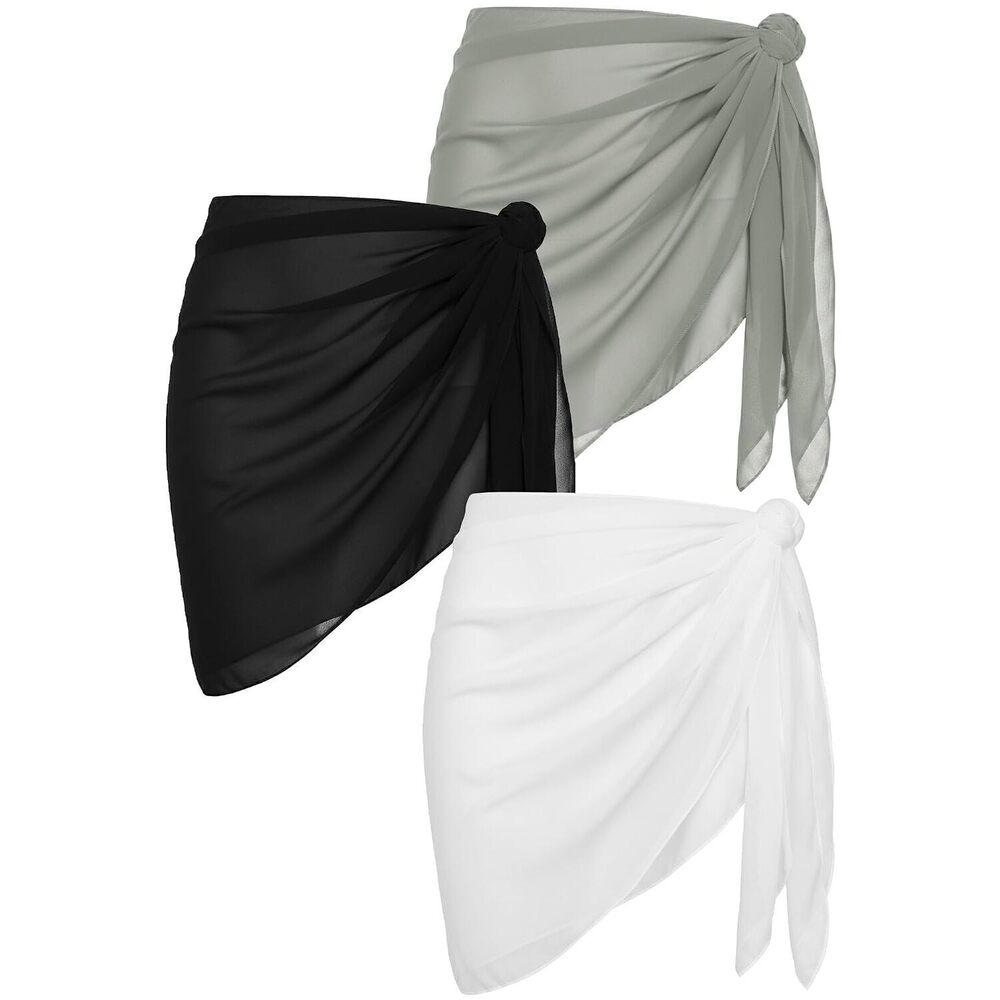 3 Pieces Women Beach Sarong Bathing Suit Wrap Skirt Sheer Bikini
